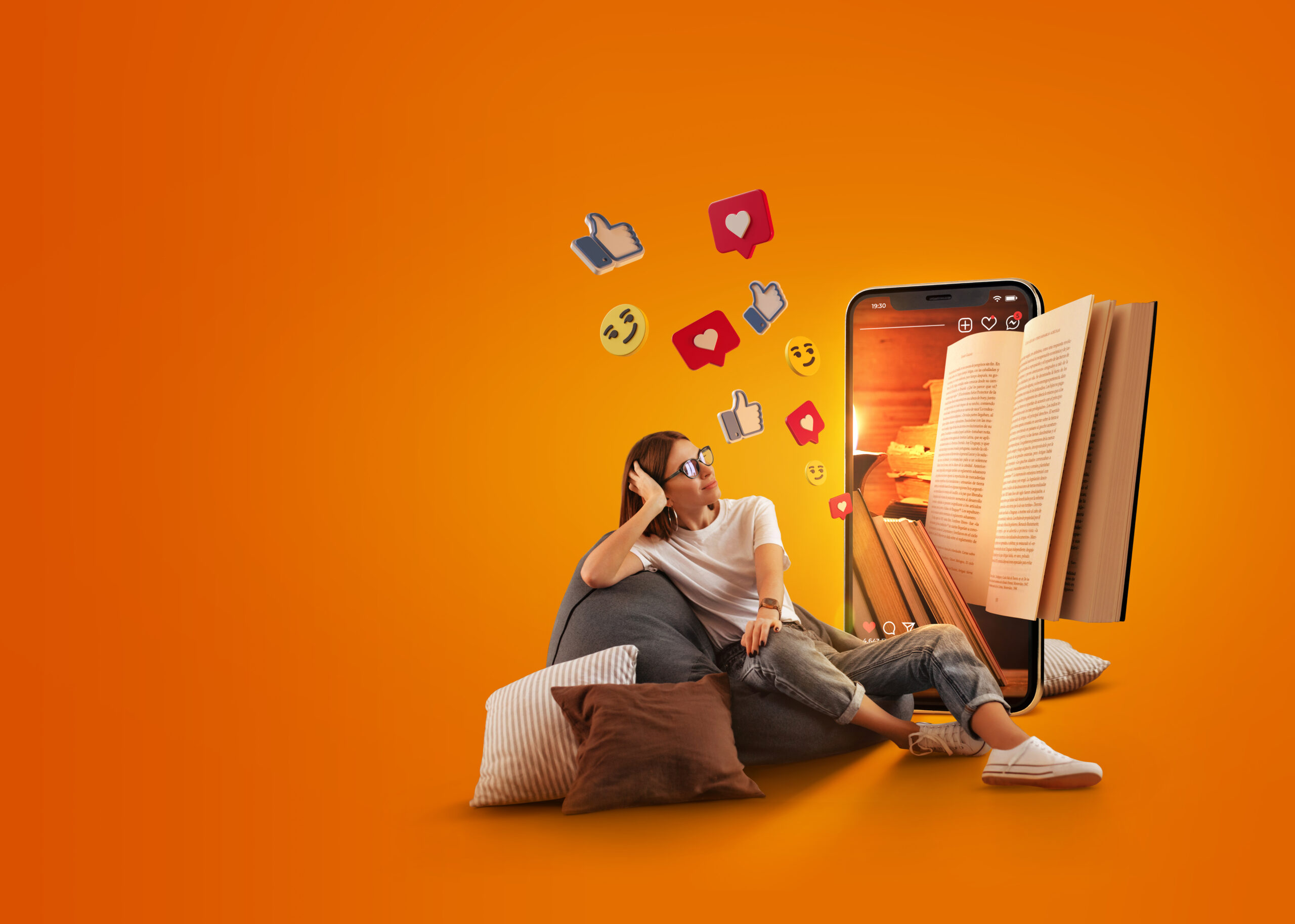 Satisfied woman in jeans and T-shirt relaxed sitting in bag chair against background of shelf with folders