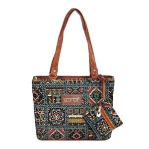 Storite Women's Tote Bag With Leather Handles & Embroidery Printed Handbag With Zip